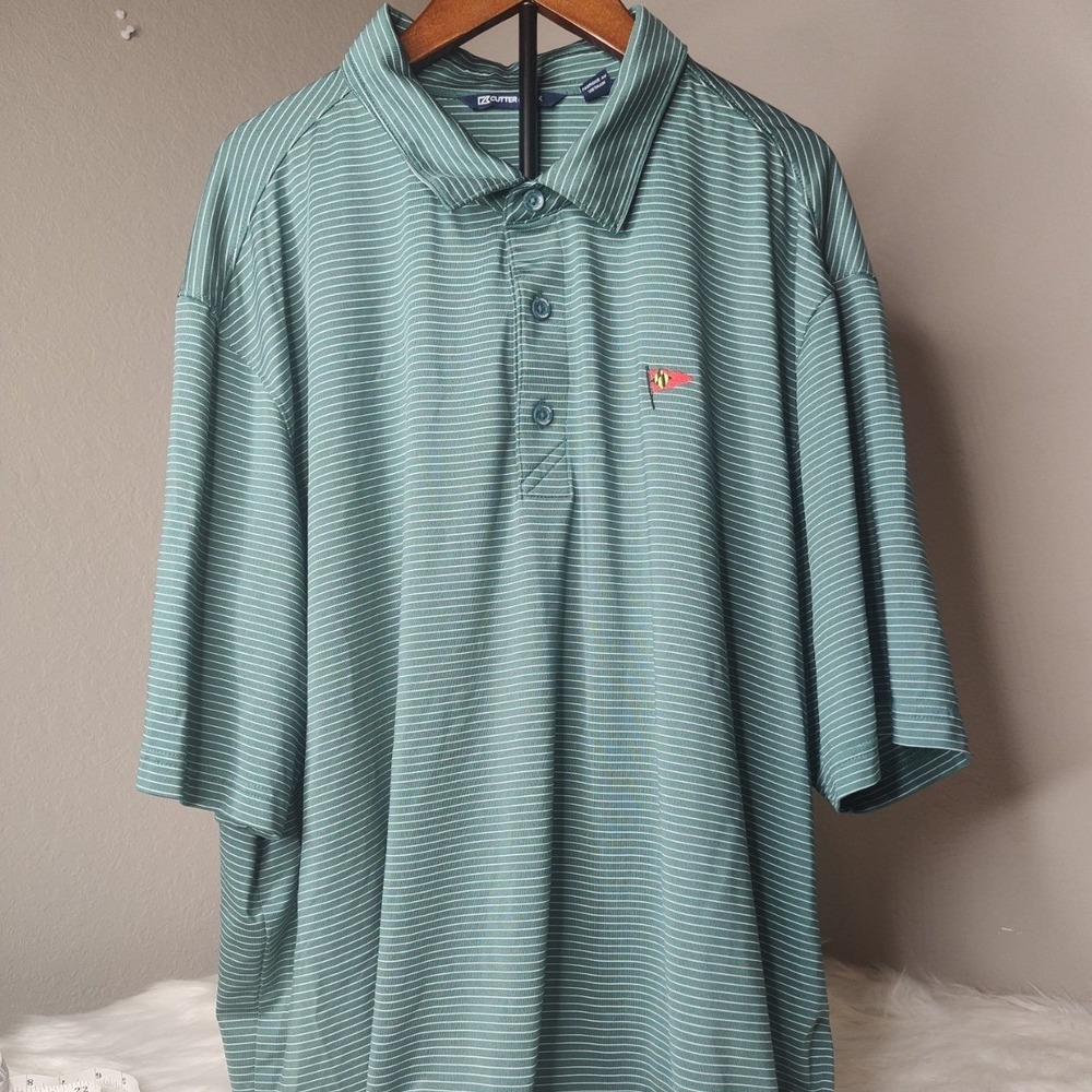 Cutter & Buck Polo Shirt Mens XXL Green Striped Maryland Flag Pennant Golf Short
